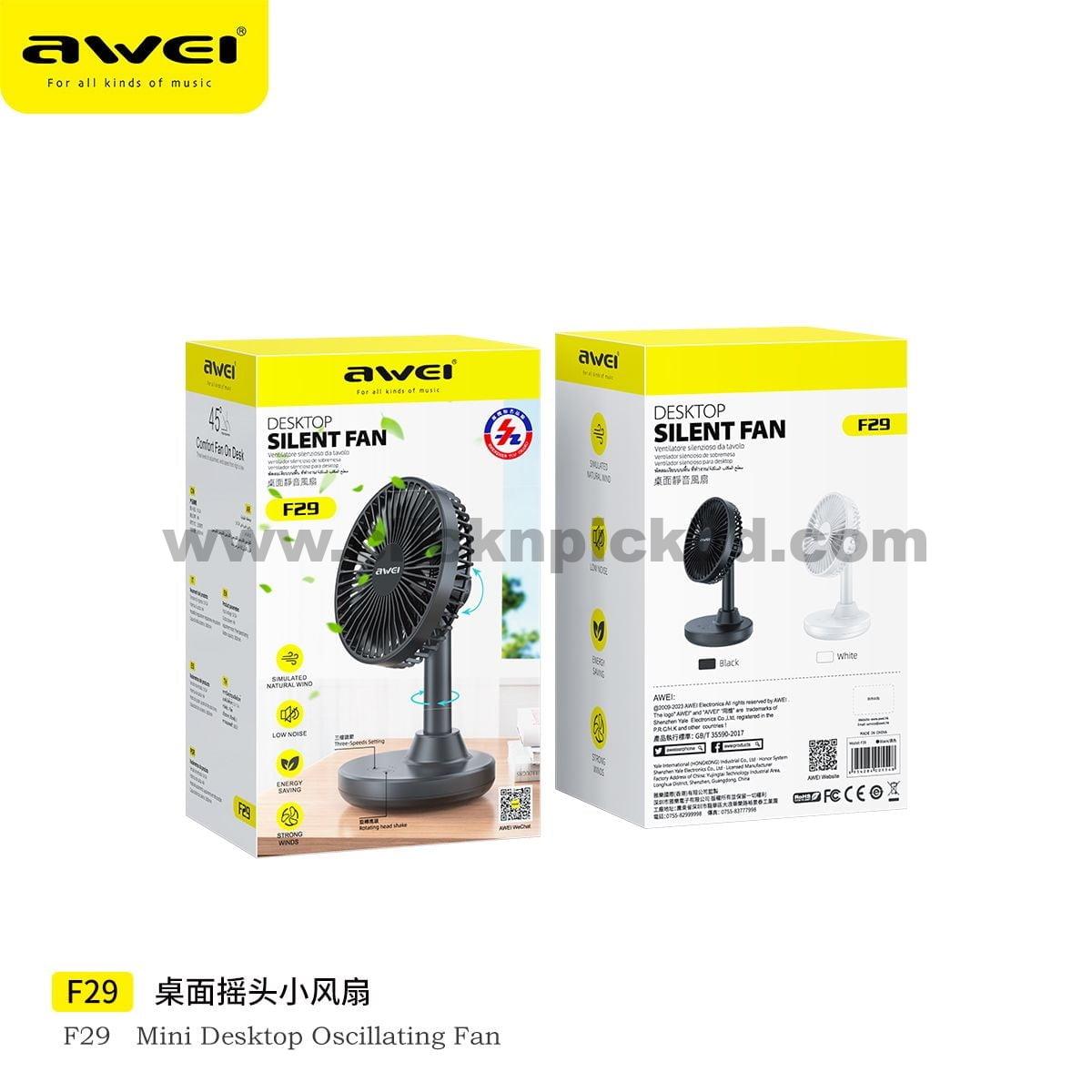 Awei F29 mini Desktop Oscillating Rechargeable fan- Black Color - Image 2